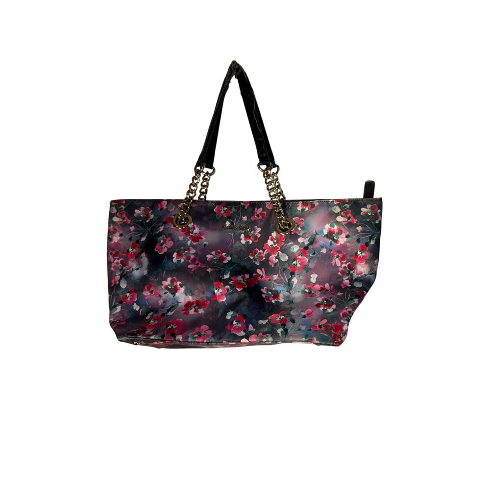 Y2K Calvin Klein floral print nylon tote bag with gold-tone chain handles.